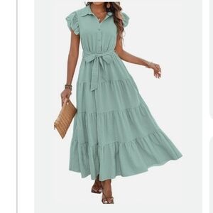 Women's Summer Casual Dresses 2025 Cap Ruffle Sleeve V Neck Button Belted Tiered